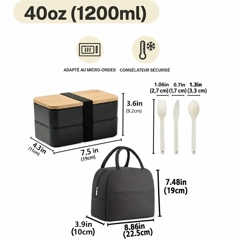 Boite bento noir avec dimensions et labels micro-ondable