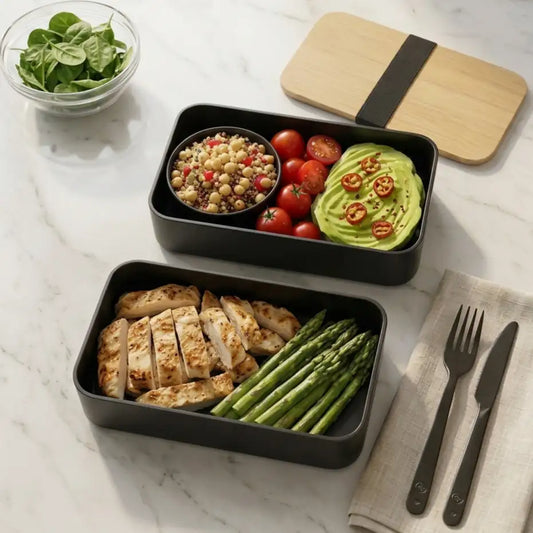 Boite bento composé d'avocat tomates, salades de féculents, poulet et légumes