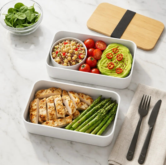 Boite a repas bento blanche composé de macro nutriments bons pour la santé