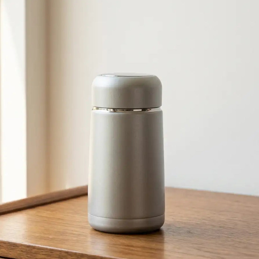 Mini bouteille couleur gris thermos a transporter posé sur une table en bois de cuisine
